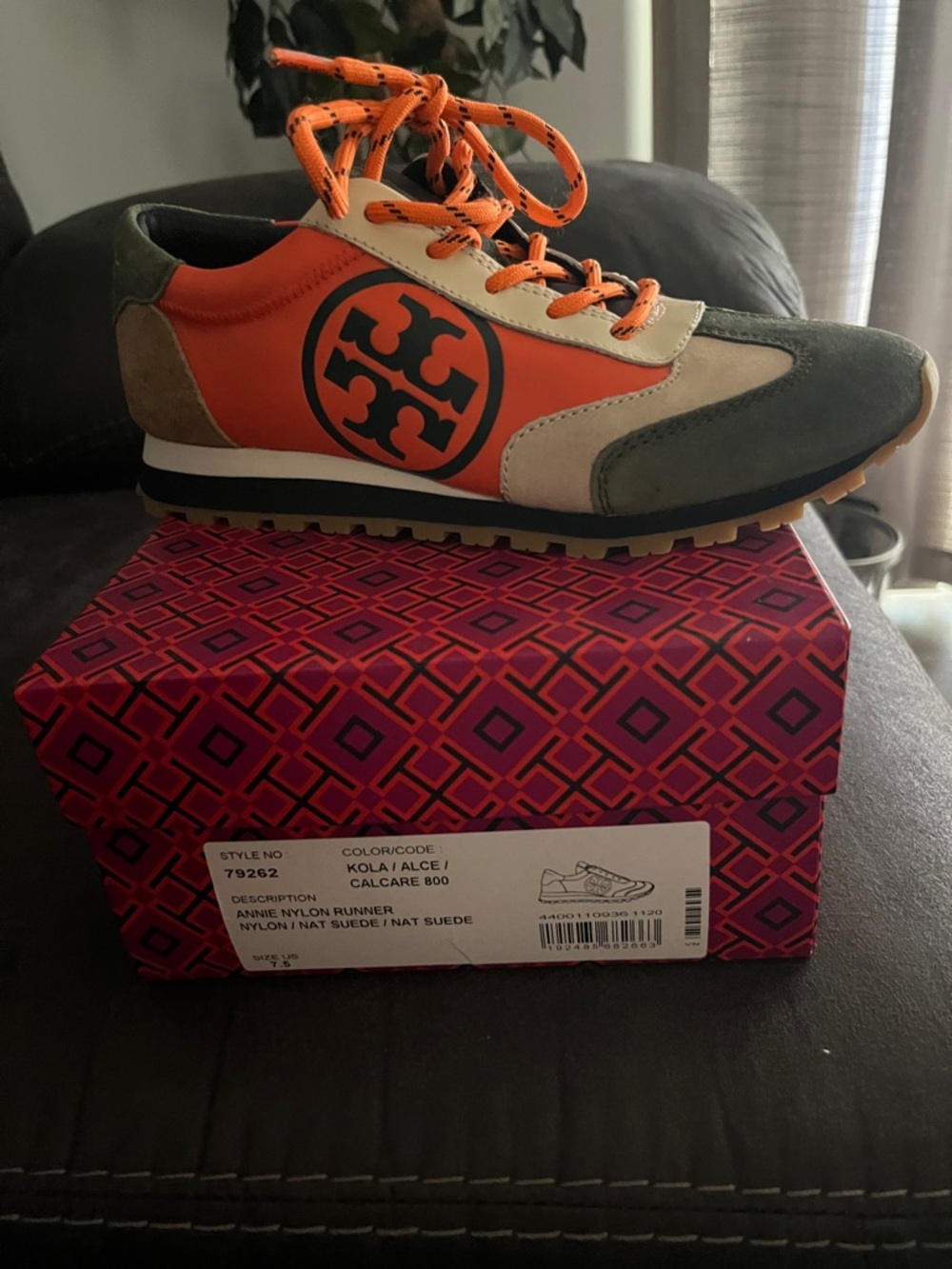Tory Burch Kids Orange and Olive Suede Trainer